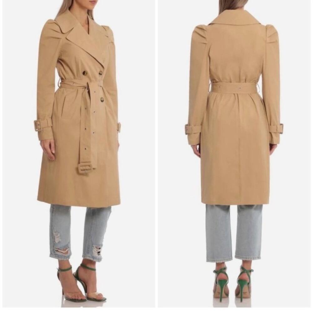 NWT AVEC LES FILLES Puff Sleeve Belted Trench Coat Tan Camel Neutral Size Small